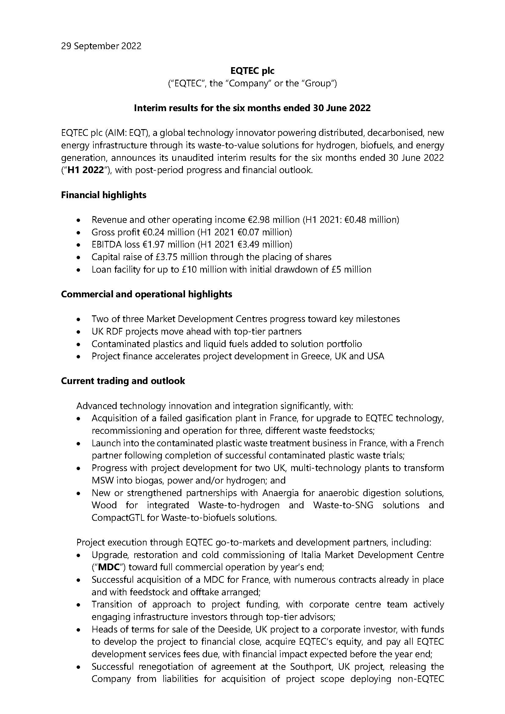 EQTEC Interim Results (September 2022)