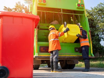 Image of two refuse waste people emptying a bin into a bin truck and a red bin in the for ground. EQTEC are marketing leaders in the gasification industry. Click to find out more.