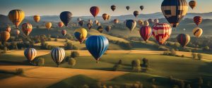 A large amount of hot air balloons